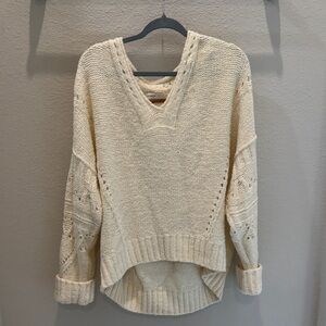 Pilcro Ivory V-Neck Openwork Sweater